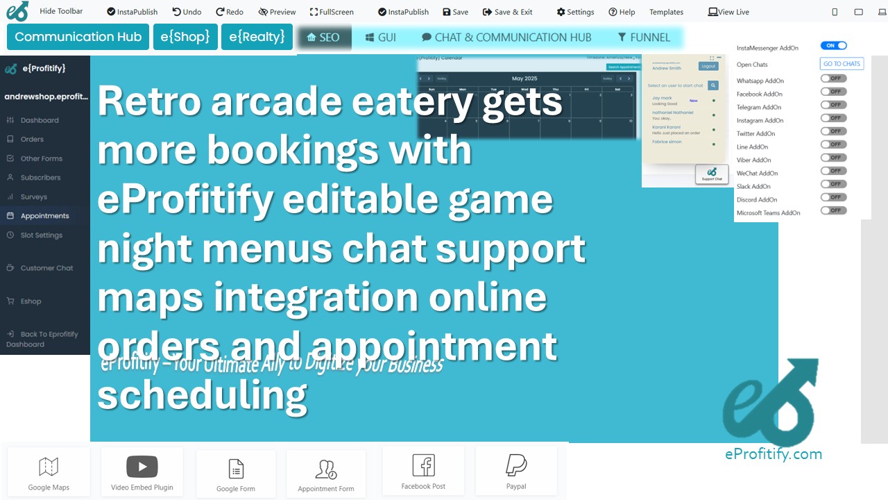 Retro arcade eatery gets more bookings with eProfitify editable game night menus chat support maps integration online orders and appointment scheduling